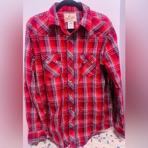 WRANGLER MENS AMERICAN COWBOYS PLAID WESTERN SHIRT Red Pearl Snap sz Large Shirt